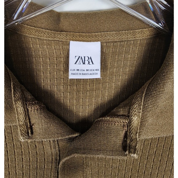 Zara Men's Olive Green Ribbed‎ Knit Short Sleeve Button Up Collar Polo Shirt M - Picture 3 of 7